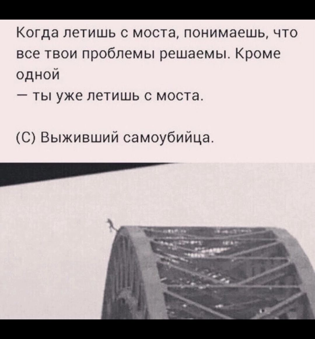 Когда летишь с моста понимаешь что все твои проблемы решаемы Кроме одной ты уже летишь моста С Выживший самоубийца