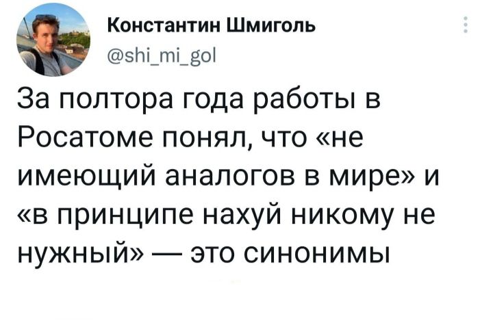 Константин Шмигопь 5Ы_т_зо За полтора года работы В РОСЭТОМЗ ПОНЯП ЧТО НЭ имеющий аналогов В мире И в принципе нахуй никому не нужный это синонимы