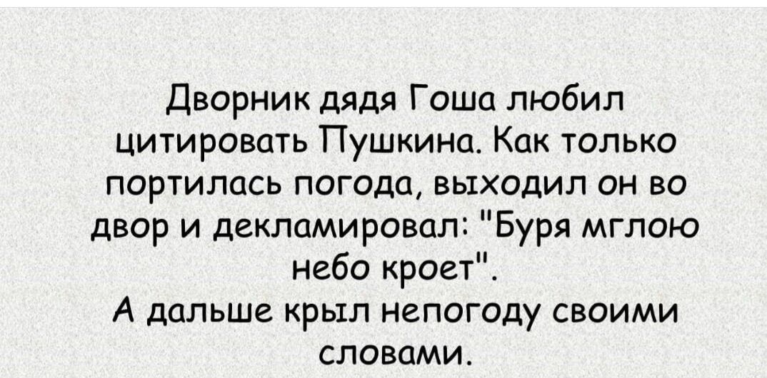 дворник дядя Гоша любил цитмроеать Пушкина Как только портилось погода выходил он во двор и декламиравал Буря мглою небо кроет А дальше крыл непогоду своими словами