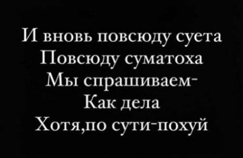 И вновь повсюду суета Повсюду суматоха Мы спрашиваем Как дела Хотядо сути похуй