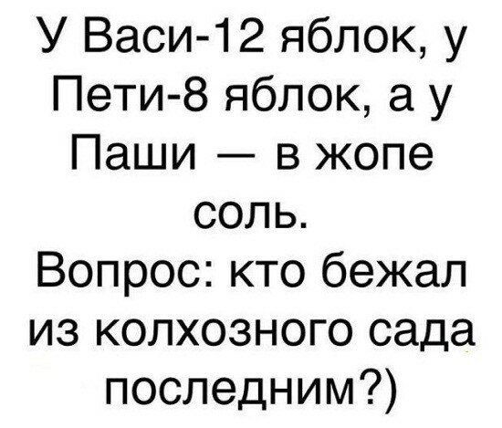 У Васи 12 яблок у Пети 8 яблок а у Паши в жопе соль Вопрос кто бежал из колхозного сада последним