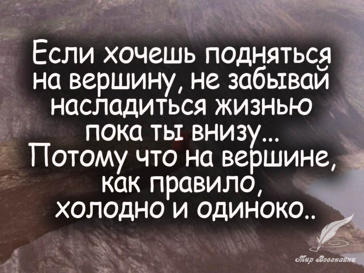 д Если хочешь подняться на вершину не забывай насладиться жизнью _ пока ть внизу Потому что на вершине как правило холодно и одиноко