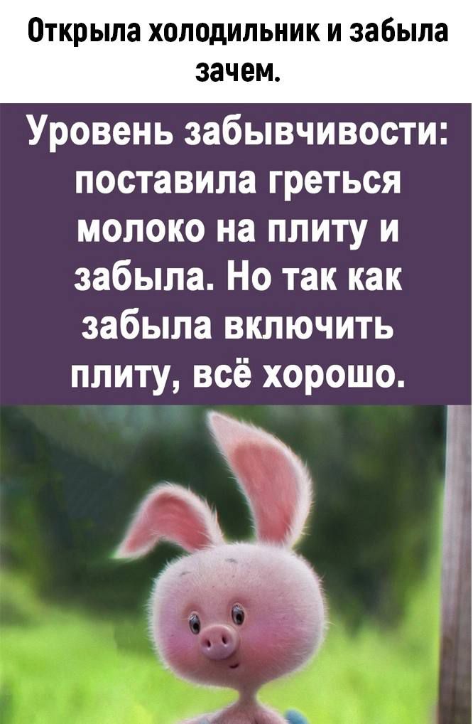 открыла холодильник и забыла зачем Уровень забывчивости поставила греться молоко на плиту и забыла Но так как забыла включить плиту всё хорошо