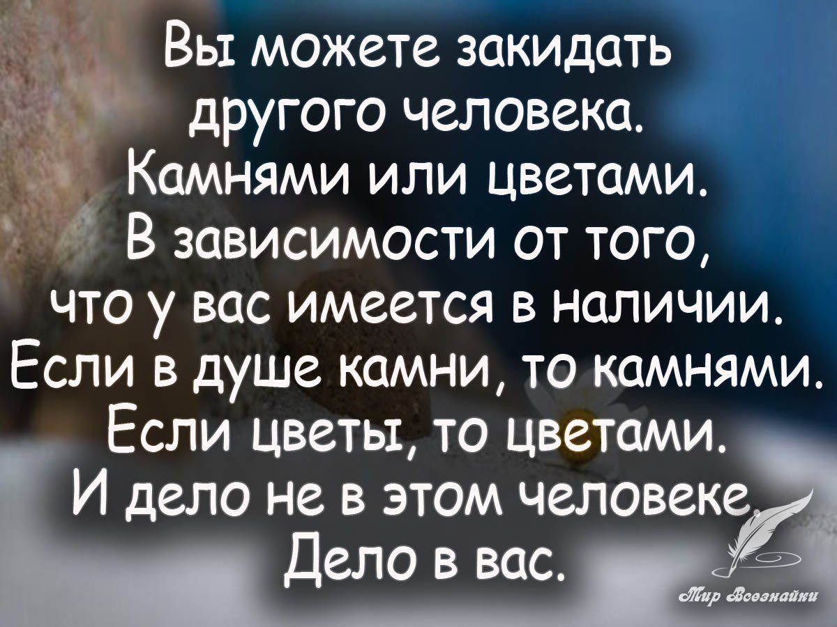 Вы можете закидать Э другого человека Камнями или цветами 3 В зависимости от того что у вас имеется в наличии Если в душе камни то камнями Если цветы то цветами И дело не в этом человеке Депо в вас