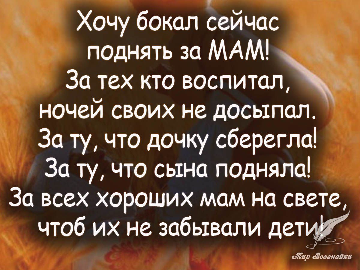 Хочу бокол сейчас поднять за МАМ За тех кто воспитал ночей своих не досыпол За ту что дочку сберегли За ту что сына подняла За всех хороших мам на свете чтоб их не забывали дети