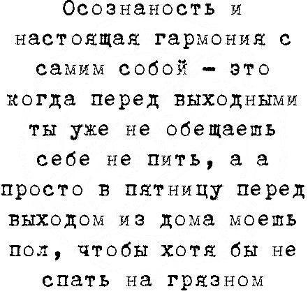 Осознаность и настоящая гармония с самим собой это когда перед выходными ты уже не обещаешь себе не пить а а просто в пятницу перед выходом из дома моешь пол чтобы хотя бы не спать на грязном