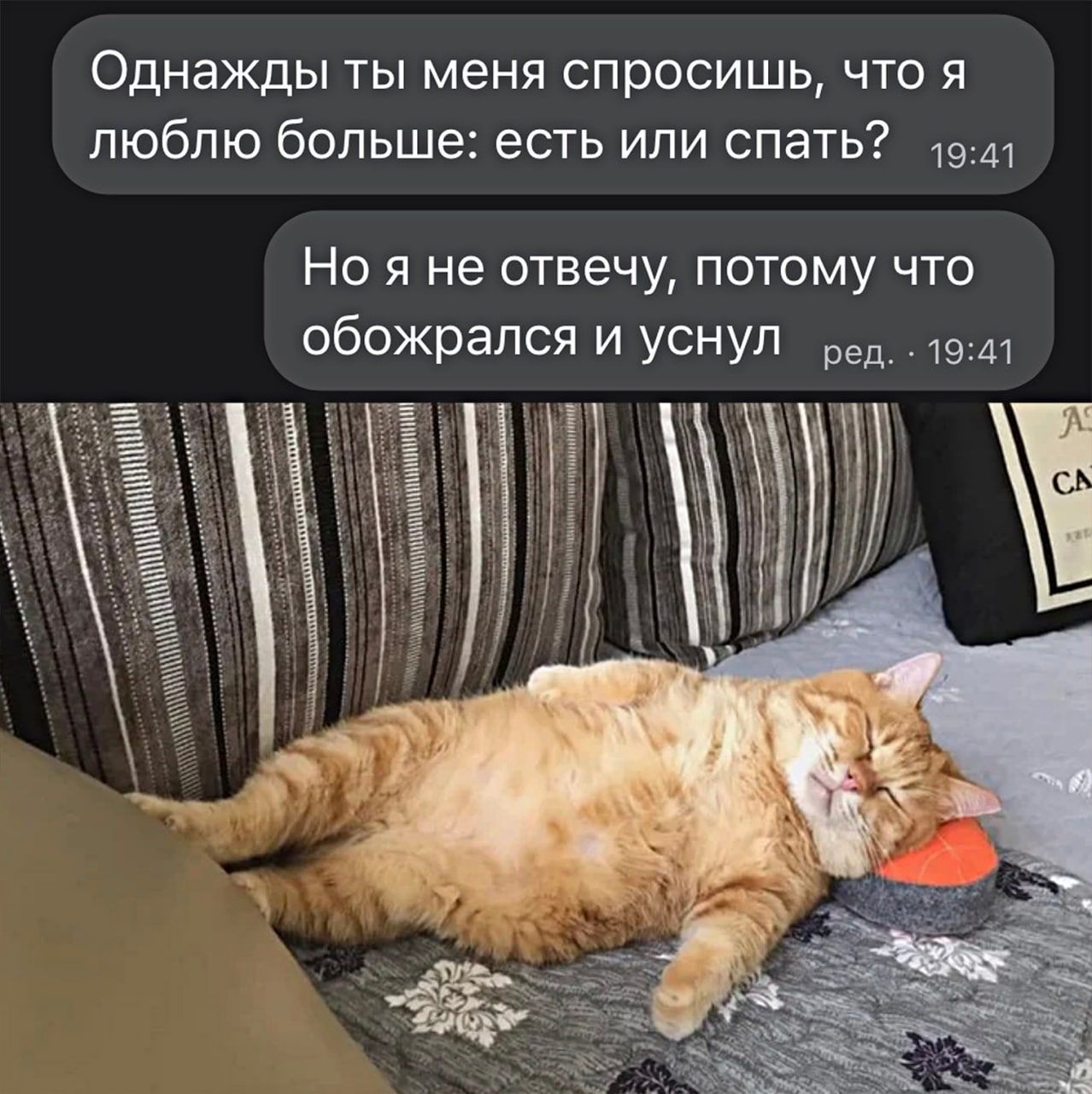 Однажды ты меня спросишь что я люблю больше есть или спать Но я не отвечу потому что обожрапся и уснул 1941