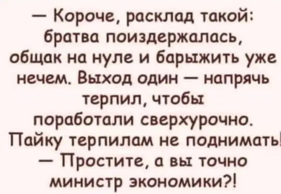 Короче расклад такой братва поиздержалась общак на нуле и барыжить уже нечем Выход один напрячь терпил чтобы поработали сверхурочно Пайку терпилам не поднимать Простите а вы точно министр экономики