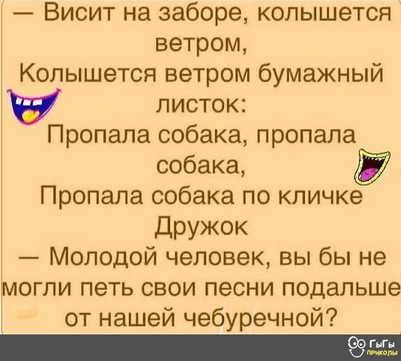 Висит на заборе копышется ветром Колышется ветром бумажный листок Пропала собака пропала собака Пропала собака по кличке Дружок Молодой человек вы бы не могли петь свои песни подальше от нашей чебуречной7