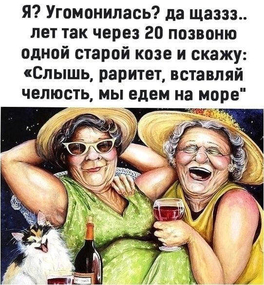 Я Угомонилась да щаззз лет так через 20 позвоню одной старой козе и скажу Слышь раритет вставляй челюсть мы едем на г