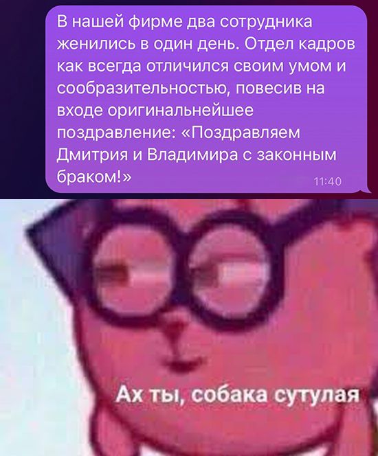 В нашей фирме два сотрудника женились в один день Отдел кадров как всегда отличился своим умом и сообразительностью повесив на входе оригинальнейшее поздравление Поздравляем Дмитрия и Владимира с законным браком Ы