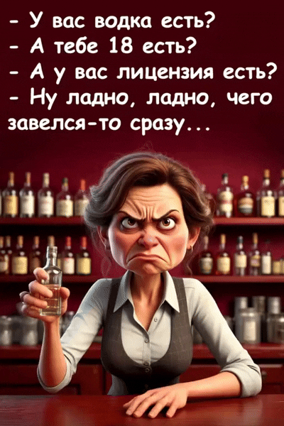 - У вас водка есть? - А тебе 18 есть? - А у вас лицензия есть? - Ну ладно, ладно, чего завелся-то сразу...