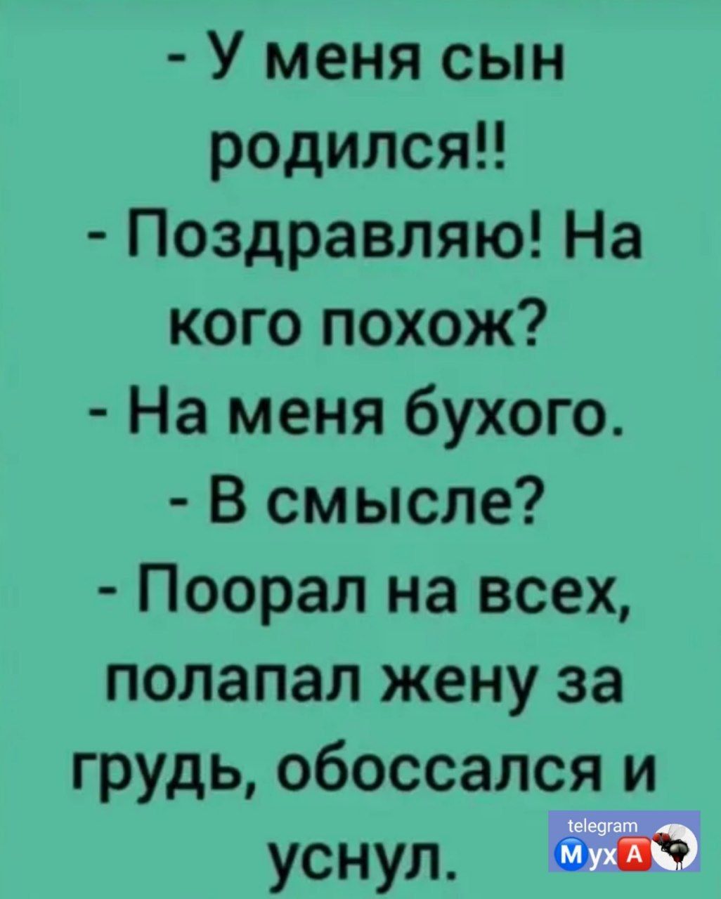 У меня сын родился Поздравляю На кого похож На меня бухого В смысле Поорал на всех полапал жену за грудь обоссался и уснул 5