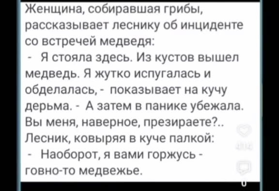 Женщина собиравшая грибы рассказывает леснику об инциденте со встречей медведя Я стояла здесь Из кустов вышел медведь Я жутко испугалась и обделалась показывает на кучу дерьма А затем в панике убежала Вы меня наверное презираете Лесник ковыряя в куче палкой Наоборот я вами горжусь говно то медвежье