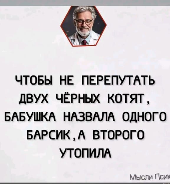 ЧТОБЫ НЕ ПЕРЕПУТАТЬ ДВУХ ЧЁРНЫХ КОТЯТ БАБУШКА НАЗВАЛА ОДНОГО БАРСИК А ВТОРОГО УТОПИЛА Мысли Псих