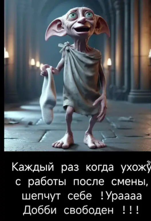 Каждый раз когда ухожу с работы после смены, шепчут себе! Ураааа Добби свободен !!!