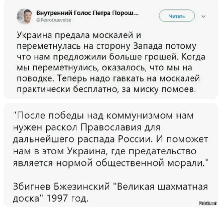 нутренний Голос Петра Пором ке Украина предала москалей и переметнулась на сторону Запада потому что нам предложили больше грошей Когда мы переметнулись оказалось что мы на поводке Теперь надо гавкать на москалей практически бесплатно за миску помоев После победы над коммунизмом нам нужен раскол Православия для дальнейшего распада России И поможет 