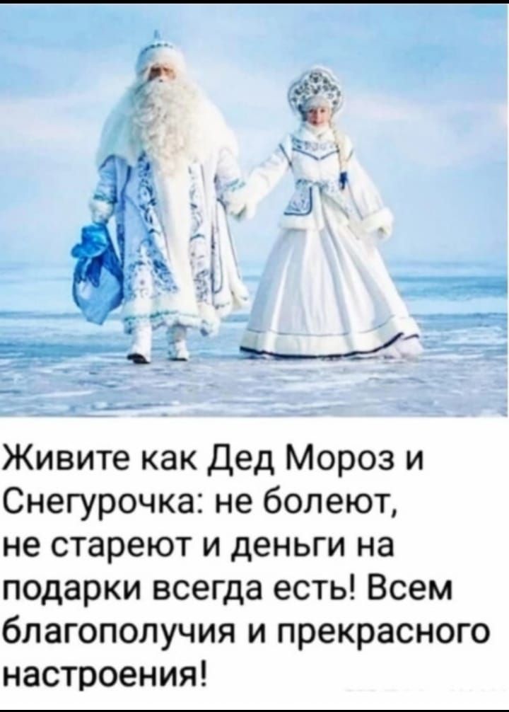 Живите как Дед Мороз и Снегурочка не болеют не стареют и деньги на подарки всегда есть Всем благополучия и прекрасного настроения