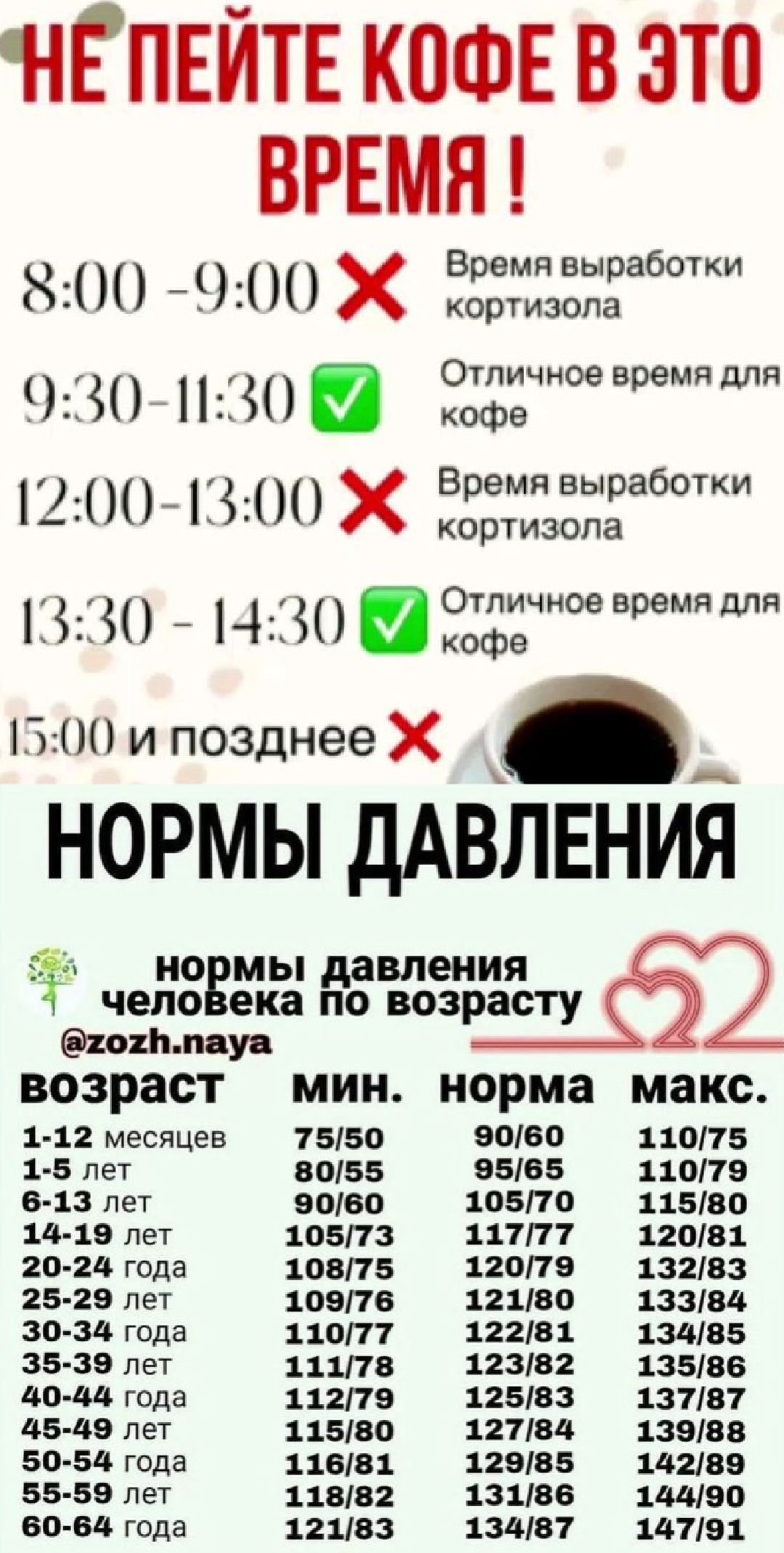 НЕ ПЕЙТЕ КОФЕ В ЭТО ВРЕМЯ! 8:00-9:00 × Время выработки кортизола 9:30-11:30 ✓ Отличное время для кофе 12:00-13:00 × Время выработки кортизола 13:30-14:30 ✓ Отличное время для кофе 15:00 и позднее × НОРМЫ ДАВЛЕНИЯ