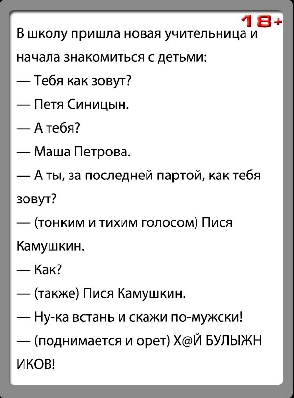 18 В школу пришла новая учительница и начала знакомиться с детьми Тебя как зовут Петя Синицын А тебя _ Маша Петрова А ты за последней партой как тебя зовут тонким и тихим голосом Пися Камушкин Как также Пися Камушкин Ну ка встань и скажи помужски А поднимается и орет ХЙ БУЛЫЖН ИКОВ