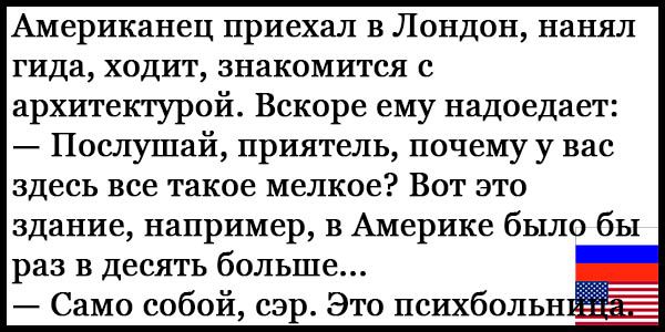 Американец приехал в Лондон нанял гида ходит знакомится с архитектурой Вскоре ему надоедает Послушай приятель почему у вас здесь все такое мелкое Вот это здание например в Америке было бы раз в десять больше Само собой сэр Это психбольн