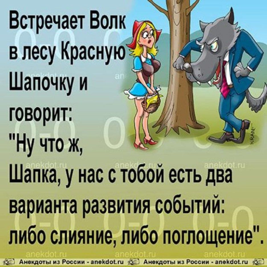 Встречает Волк в лесу Красную Шапочку и говорит Ну что ж Шапка у нас с тобой есть два варианта развития событий либо слияние либо поглощение ции и шь Апит