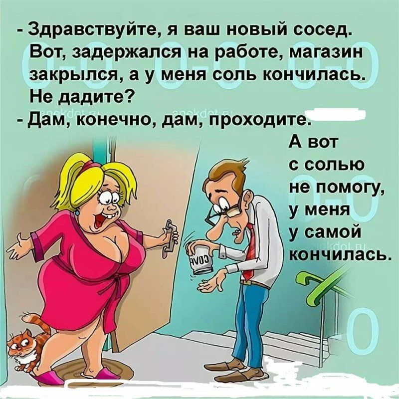 Здравствуйте я ваш новый сосед Вот задержался на работе магазин закрылся а у меня соль кончилась Не дадите дам конечно дам проходите А вот с солью не помогу