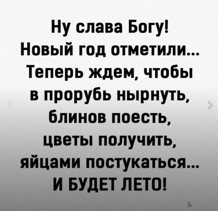 Ну слава Богу Новый год отметили Теперь ждем чтобы в прорубь нырнуть блинов поесть цветы получить яйцами постукаться и БУДЕТ ЛЕТО Ь