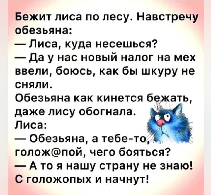 Бежит лиса по лесу Навстречу обезьяна писа куда несешься да у нас НОВЫЙ налог на мех ввели боюсь как бы шкуру не сняли Обезьяна как кинется бежать даже лису обогнала Лиса Обезьяна а тебе то гопожпой чего бояться А то я нашу страну не знаю С голожопых и начнут