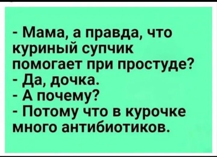 Мама а правда что курим ый супчик помогает при простуде да дочка А почему Потому что в курочка много антибиотиков