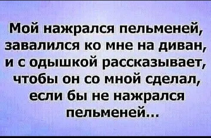 Мой нажрался пельменей завалился ко мне на диван и с одышкой рассказывает чтобы он со мной сделал если бы не нажрался пельменей