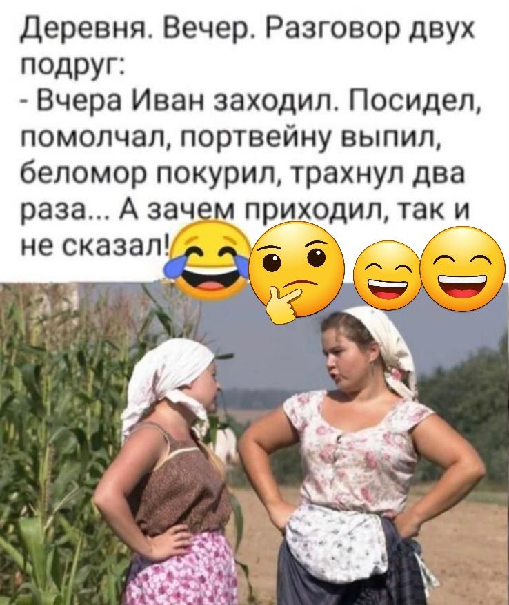 Деревня Вечер Разговор двух подруг Вчера Иван заходил Посидел помолчал портвейну выпил беломор покурил трахнул два раза А зачем приходил так и не сказал