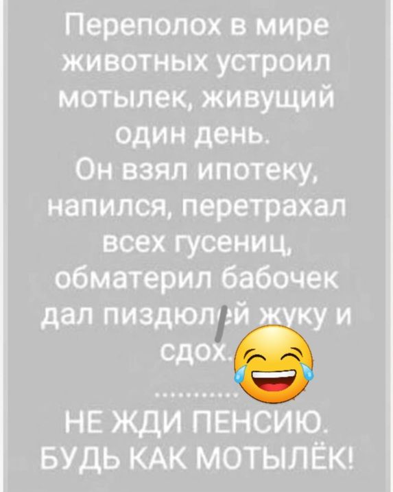 Переполох в мире животных устроил мотылек живущий один день Он взял ипотеку напился перетрахал всех гусениц обматерил бабочек дал пиздюлчй куи сдох НЕ ЖДИ ПЕНСИЮ_ БУДЬ КАК МОТЫЛЁК