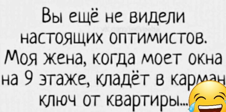 Вы ещё не видели настоящих оптимистов Моя жена когда моет окна на 9 этаже кладёт в кар ключ от квартиры