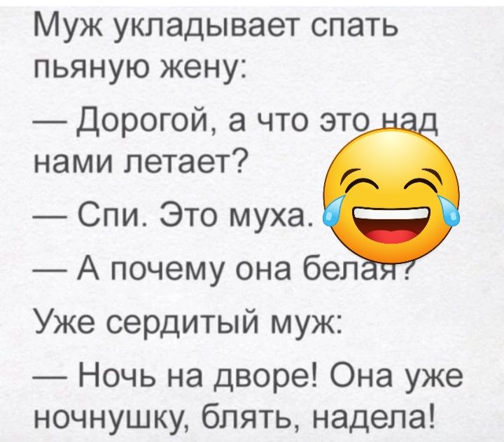 Муж укладывает спать пьяную жену Дорогой а что это нами летает Спи Это муха А почему она бел Уже сердитый муж Ночь на дворе Она уже ночнушку блять надела