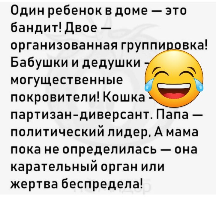 Один ребенок в доме это бандитДвое организованнаягруппи вка Бабушки и дедушки могущественные покровители Кошка партизан диверсант Папа попитическийлидерАмама пока не определилась она карательный орган или жертва беспредела