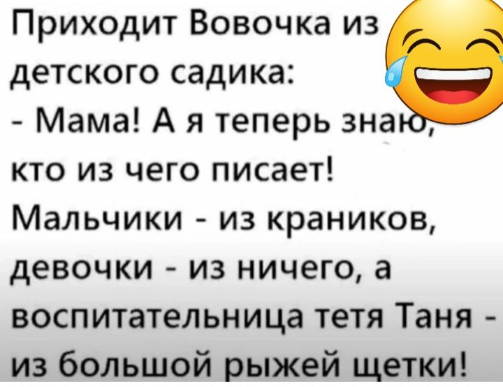 Приходит Вовочка из детского садика Мама А я теперь зна кто из чего писает Мальчики из краников девочки из ничего а воспитательница тетя Таня из большой рыжей щетки