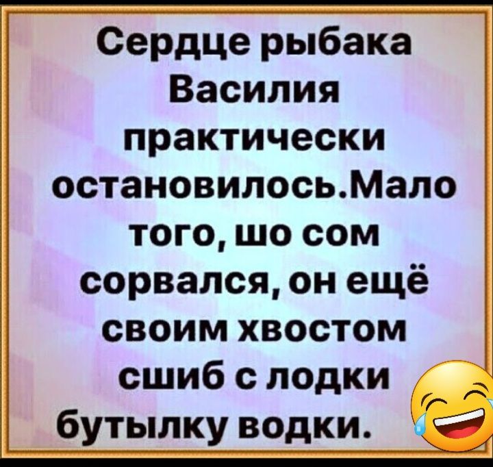 Сердце рыбака Василия практически остановилосьМало того шо сом сорвался он ещё своим хвостом сшиб с лодки бутылку водки