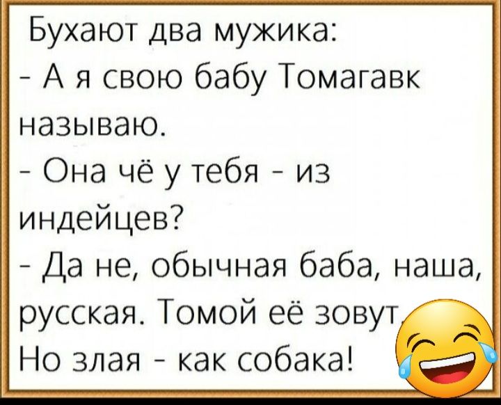 Бухают два мужика А я свою бабу Томагавк называю Она чё у тебя из индейцев Да не обычная баба наша русская Томой её зовут Но злая как собака