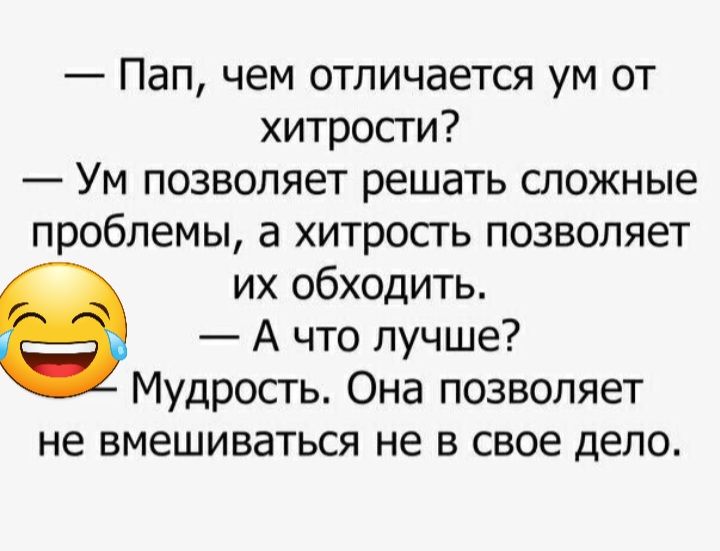 Пап чем отличается ум от хитрости Ум позволяет решать сложные проблемы а хитросгь позволяет их обходить А что лучше Мудросгь Она позволяет не вмешиваться не в свое дело