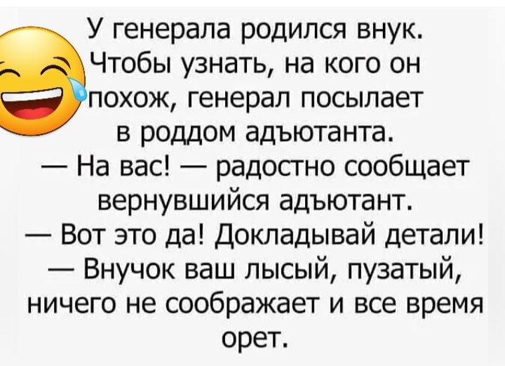 У генерала родился внук Чтобы узнать на кого он похож генерал посылает в роддом адъютанта На вас радосгно сообщает вернувшийся адъютант Вот это да Докладывай детали Внучок ваш лысый пузатый ничего не соображает и все время орет