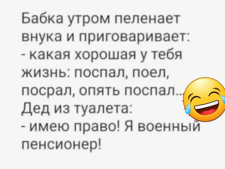 Бабка утром пеленает внука и приговаривает какая хорошая у тебя жизнь поспал поел посрал опять поспал Дед из туалета имею право Я военныи пенсионер