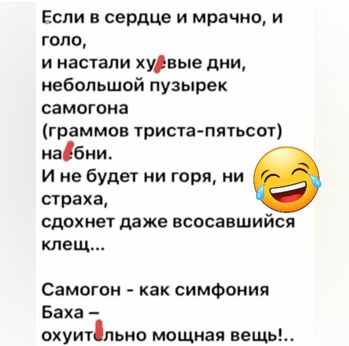 Если в сердце и мрачно и года и настали хурвые дни небольшой пузырек самогона граммов триста пятьсот набни И не будет ни горя ни страха сдохнет даже всосавшийся клещ Самогон как симфония Баха охуитпьно мощная вещь