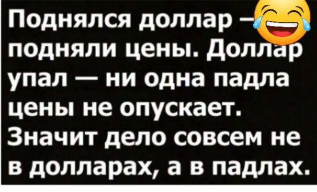 Поднялся доллар 1 подняли цены долл ар упал ни одна падла цены не опускает Значит дело совсем не в долларах а в падлах