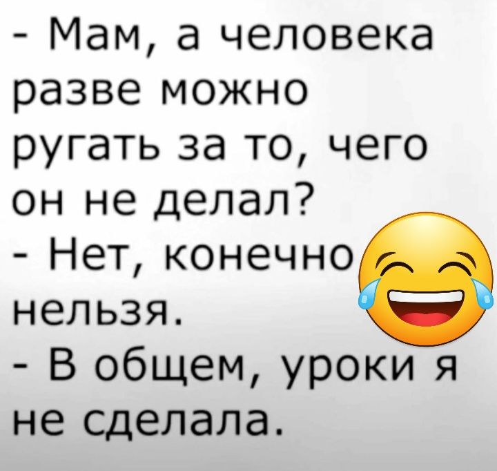 Мам а человека разве можно ругать за то чего он не делал Нет конечно нельзя В общем уроки я не сделала
