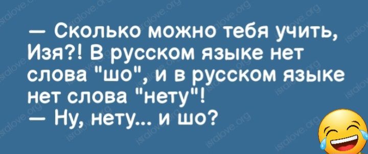 Сколько можно тебя учить Изя В русском языке нет слова шо и в русском языке нет слова нету Ну нету и шо