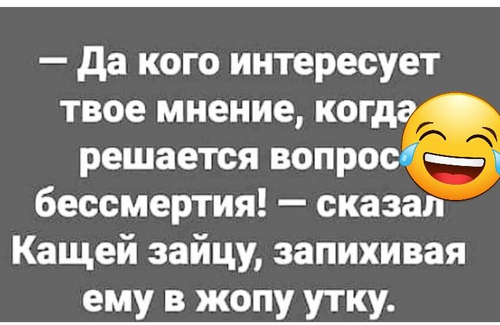 да кого интересует твое мнение когда решается вопрос _ бессмертия сказал Кащей зайцу запихивая ему в жопу утку