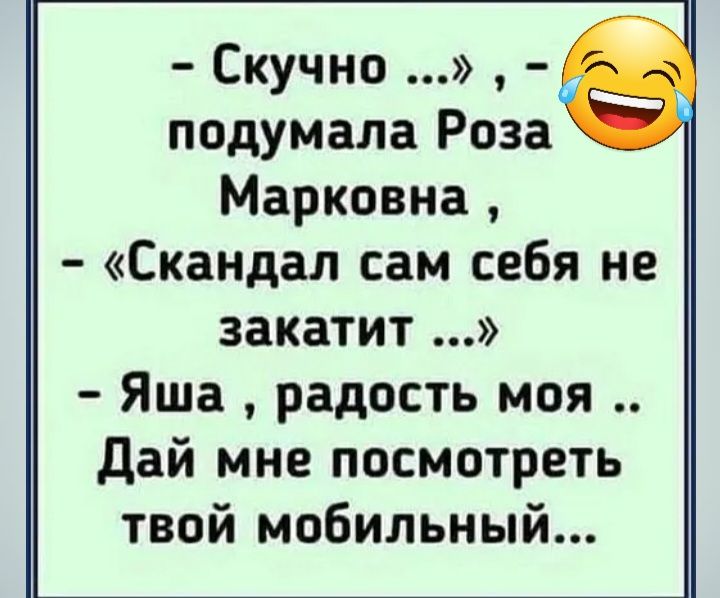 Скучно подумала Роза Марковна Скандал сам себя не закатит Яша радость моя дай мне посмотреть твой мобильный