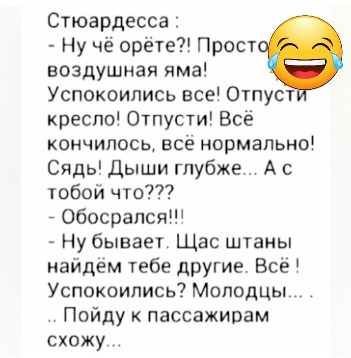 Стюардесса Ну чё орёте Прост воздушная яма Успокоипись все Отпуст кресло Отпусти Всё кончилось всё нормально Сядь Дыши глубже А с тобой что ОбосралсяШ Ну бывает Щас штаны найдём тебе другие Всё Успокоипись Молодцы Пойду к пассажирам схожу