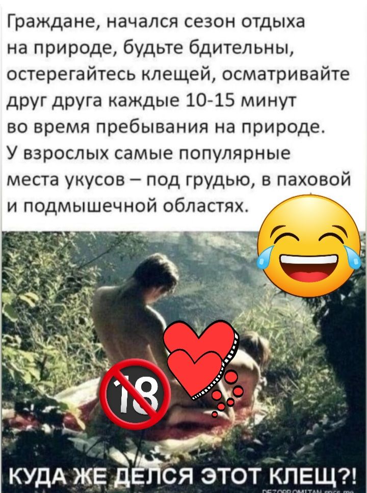 Граждане начался сезон отдыха на природе будьте бдительны остерегайтесь клещей осматривайте друг друга каждые 10 15 минут во время пребывания на природе У взрослых самые популярные места укусов под грудью в паховой и подмышечной областях я КУДА же дЁНся это КЛЕЩ